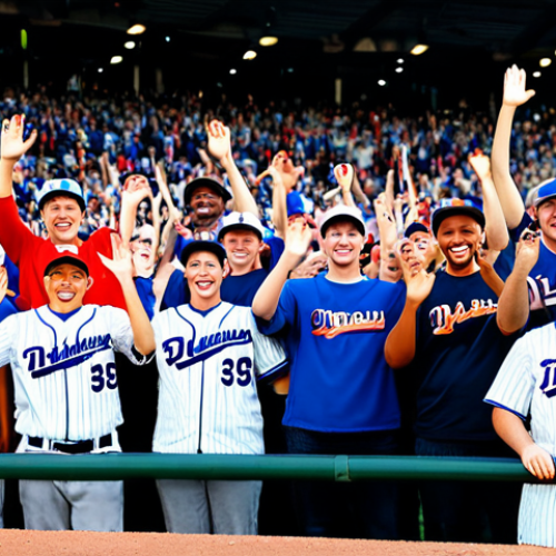 A diverse group of enthusiastic fans in a modern baseball stadium, fully clothed in modest, casual fan attire including team jerseys and caps, standing united and cheering loudly with a collective spirit, some gently waving small team flags. The stadium is filled with energy, featuring a large scoreboard in the background. Professional photography, high quality, perfect anatomy, well-formed hands, proper finger count, natural body proportions, natural pose, fully clothed, appropriate attire, safe for work, appropriate content, family-friendly.
