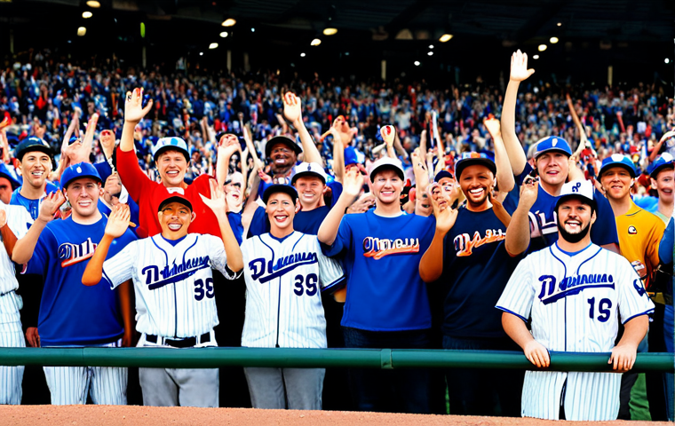 A diverse group of enthusiastic fans in a modern baseball stadium, fully clothed in modest, casual fan attire including team jerseys and caps, standing united and cheering loudly with a collective spirit, some gently waving small team flags. The stadium is filled with energy, featuring a large scoreboard in the background. Professional photography, high quality, perfect anatomy, well-formed hands, proper finger count, natural body proportions, natural pose, fully clothed, appropriate attire, safe for work, appropriate content, family-friendly.