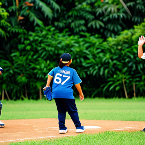 A diverse group of Malaysian individuals, including adults and children, joyfully playing baseball on a sunny, well-maintained field. They are all fully clothed in modest, appropriate athletic sportswear, actively using clean, high-quality rental baseball equipment such as gloves, bats, and helmets. The scene highlights a family-friendly atmosphere, with participants smiling and engaging in various baseball actions like pitching, catching, and batting. The background features lush green grass and a clear blue sky, evoking a vibrant outdoor recreational setting in Malaysia. The image captures natural poses, perfect anatomy, correct proportions, well-formed hands, and proper finger count. This is a professional, high-resolution sports photograph, safe for work, appropriate content, and showcases a professional dress standard.