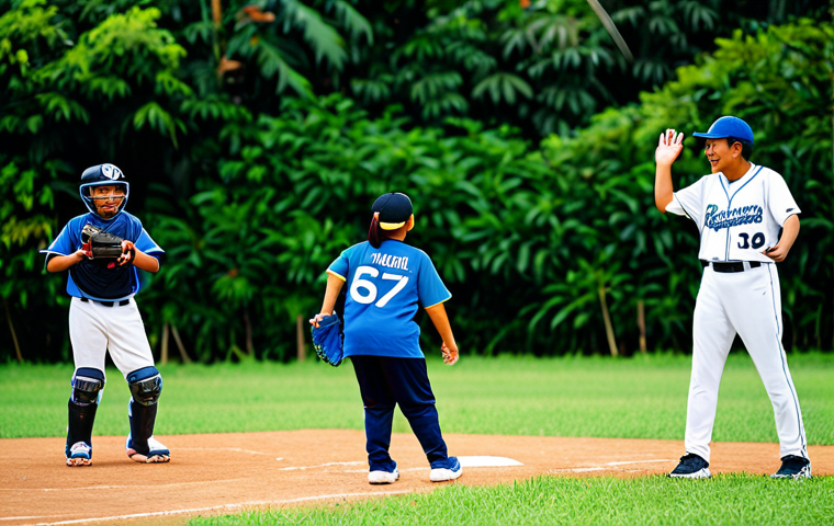A diverse group of Malaysian individuals, including adults and children, joyfully playing baseball on a sunny, well-maintained field. They are all fully clothed in modest, appropriate athletic sportswear, actively using clean, high-quality rental baseball equipment such as gloves, bats, and helmets. The scene highlights a family-friendly atmosphere, with participants smiling and engaging in various baseball actions like pitching, catching, and batting. The background features lush green grass and a clear blue sky, evoking a vibrant outdoor recreational setting in Malaysia. The image captures natural poses, perfect anatomy, correct proportions, well-formed hands, and proper finger count. This is a professional, high-resolution sports photograph, safe for work, appropriate content, and showcases a professional dress standard.